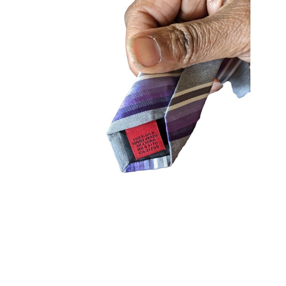 Alfani Men's Purple, White, Gray Diagonal Stripe 100% Silk Tie length 60 in - Picture 5 of 5